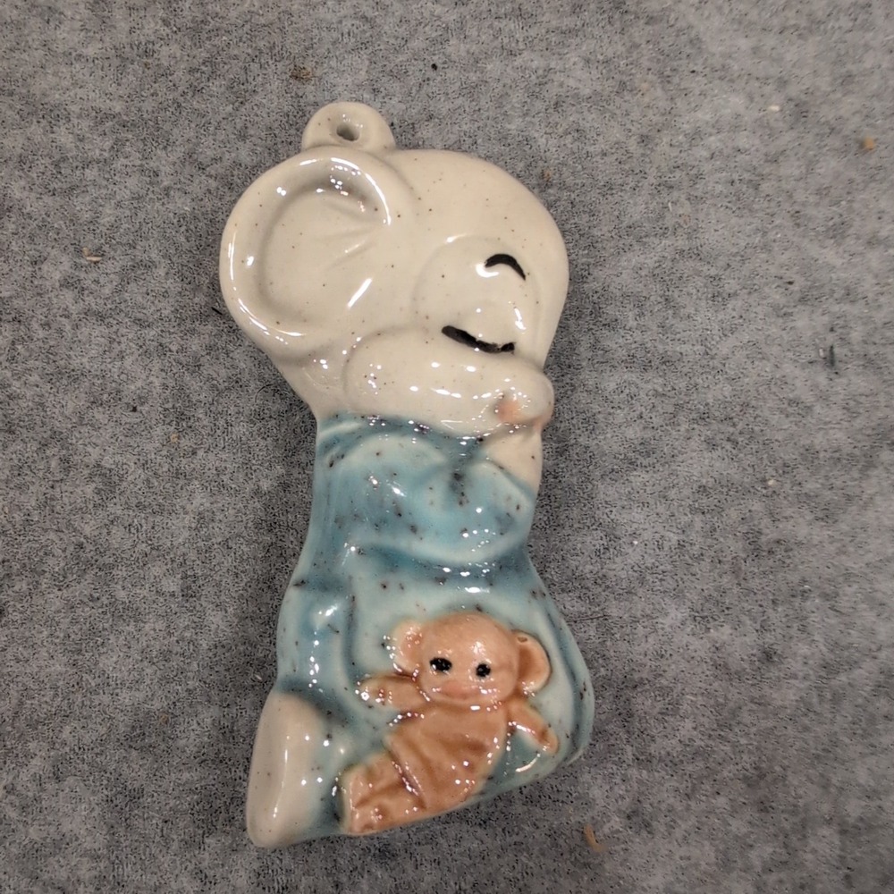 Vintage Style Ceramic Sleeping Mouse Ornament Blue Pajamas with Teddy Bear - Picture 1 of 2